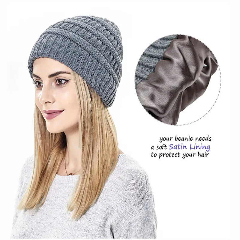 Womens Winter Warm Knitted Hat Satin Silk Lined Cable Knit Beanie Chunky Slouchy